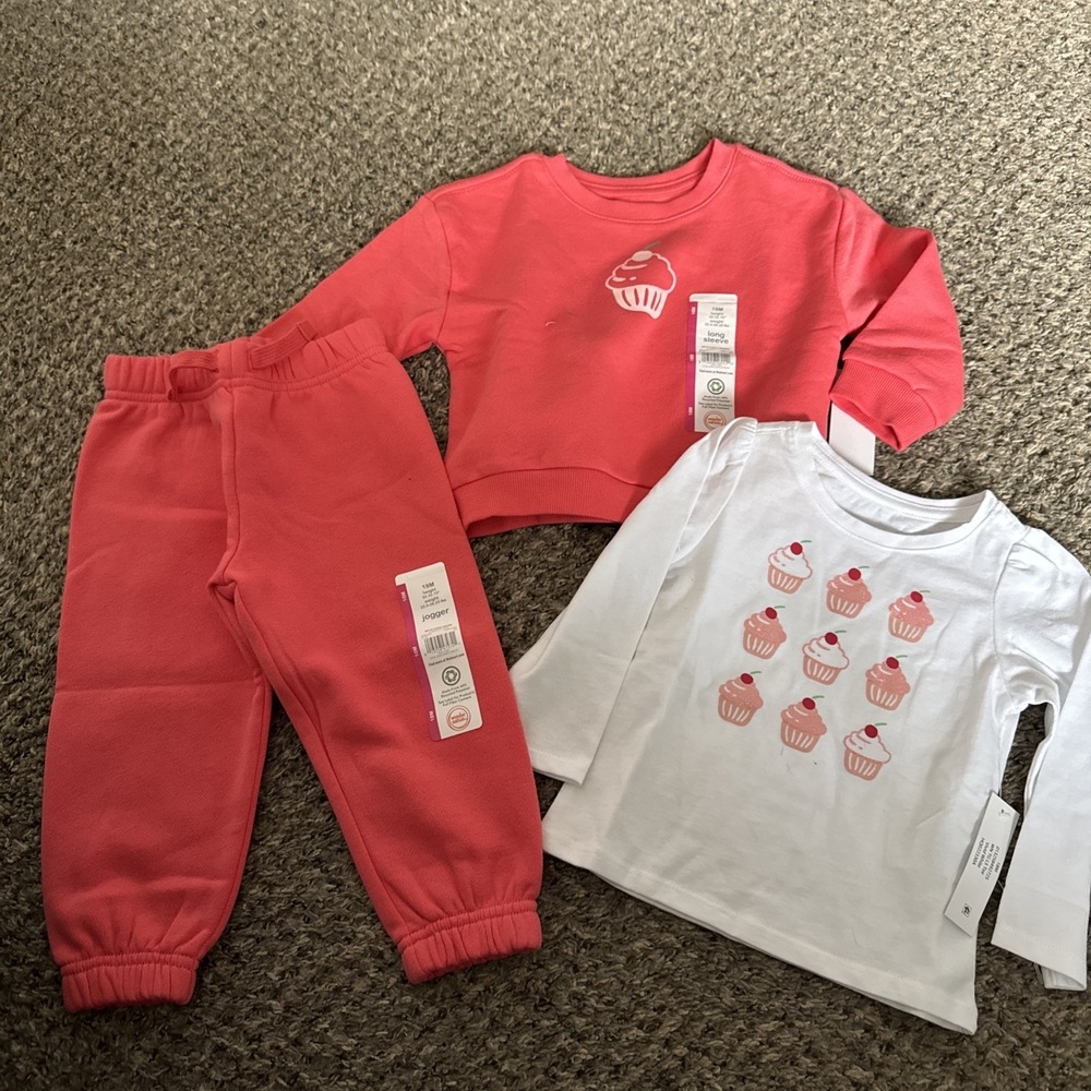 3 Piece Wonder Nation Toddler 18M Fleece Jogger Set Coral With Shirt